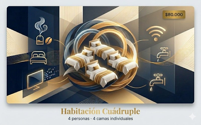 Habitación cuádruple para 4 personas en Hostal HDQ Concepción — ideal para delegaciones y grupos, baño privado y WiFi