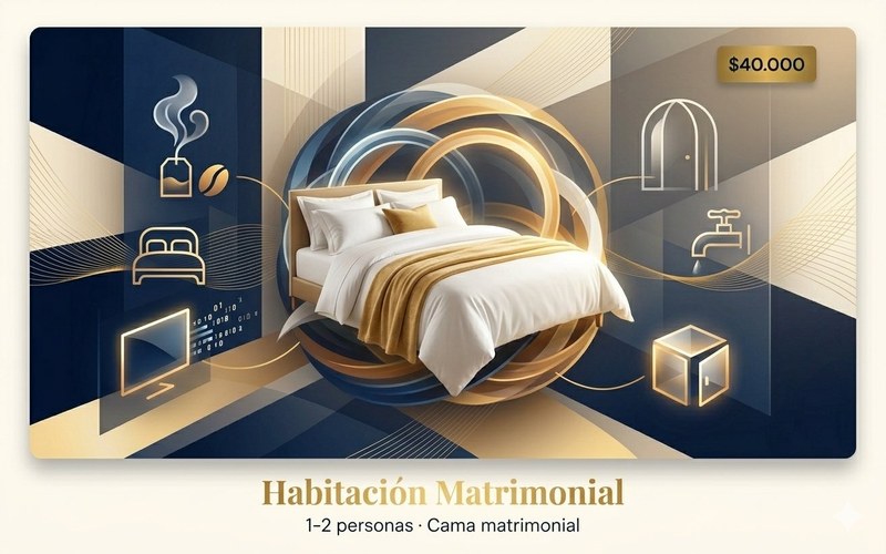 Habitación matrimonial con baño privado en Hostal HDQ Concepción — cama doble, WiFi, TV cable y frigobar