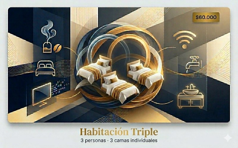 Habitación triple con 3 camas en Hostal HDQ Concepción — baño privado, WiFi, TV cable y microondas incluidos